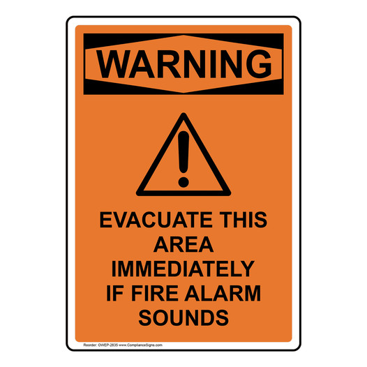 Portrait OSHA WARNING Evacuate This Area Sign With Symbol OWEP-2835