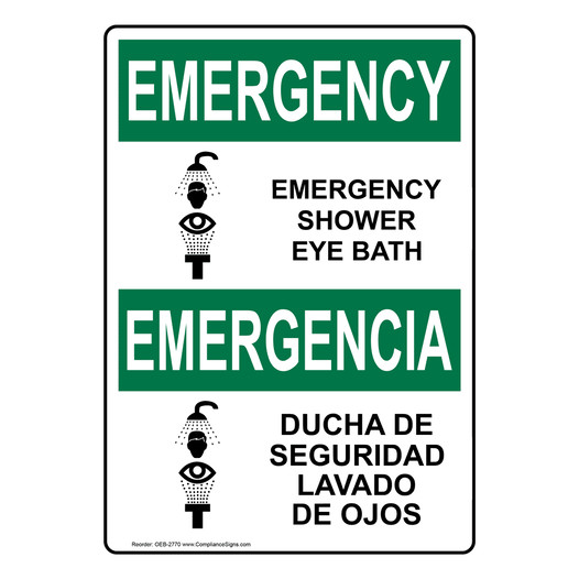 English + Spanish OSHA EMERGENCY Emergency Shower Eye Bath Sign With Symbol OEB-2770
