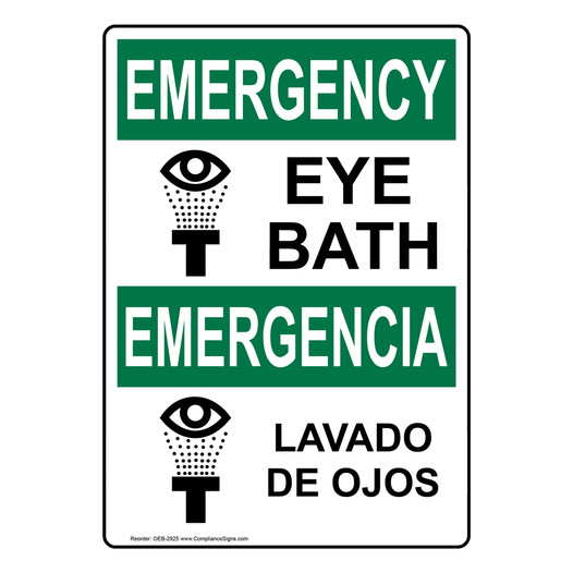 English + Spanish OSHA EMERGENCY Eye Bath Sign With Symbol OEB-2925