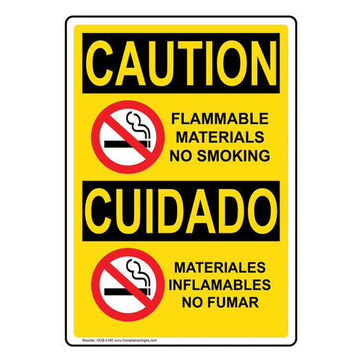 English + Spanish OSHA CAUTION Flammable Materials No Smoking Sign With Symbol OCB-3160