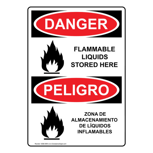 English + Spanish OSHA DANGER Flammable Liquids Stored Here Sign With Symbol ODB-3095