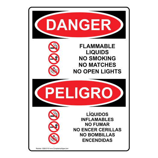 English + Spanish OSHA DANGER Flammable Liquids No Smoking Sign With Symbol ODB-3110