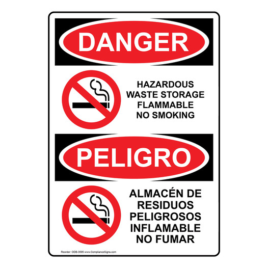 Vertical Hazardous Waste Storage No Smoking Bilingual Sign OSHA DANGER