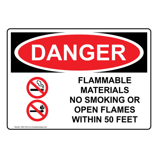 OSHA DANGER Flammable Materials No Smoking 50 Feet Sign With Symbol ODE-3165