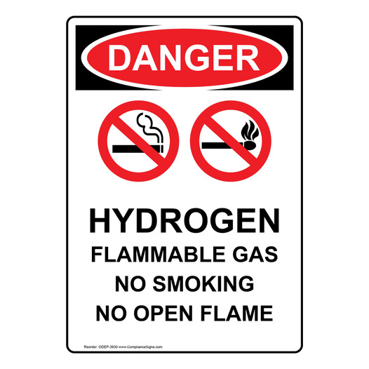 Portrait OSHA DANGER Hydrogen Flammable Sign With Symbol ODEP-3930
