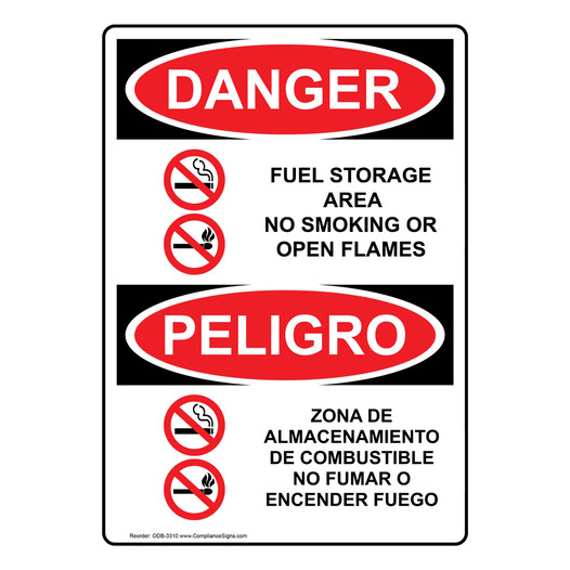 English + Spanish OSHA DANGER Fuel Storage Area No Smoking Sign With Symbol ODB-3310