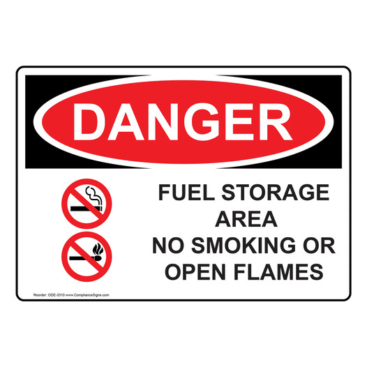 OSHA DANGER Fuel Storage Area No Smoking Or Open Flames Sign With Symbol ODE-3310