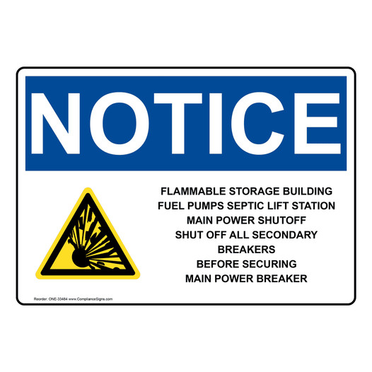 OSHA NOTICE Flammable Storage Building Fuel Sign With Symbol ONE-33484