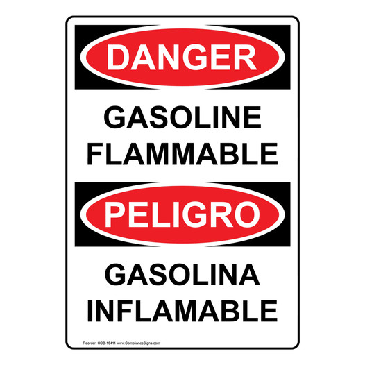 English + Spanish OSHA DANGER Gasoline Flammable Sign ODB-16411