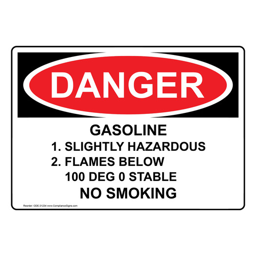 OSHA DANGER Gasoline 1. Slightly Hazardous 2. Flames Sign ODE-31234