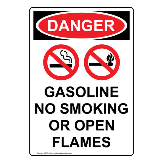 Portrait OSHA DANGER Gasoline No Smoking Sign With Symbol ODEP-3355