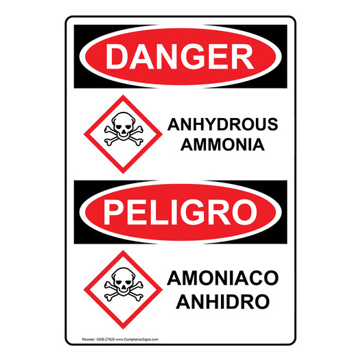 English + Spanish OSHA DANGER Anhydrous Ammonia Sign With GHS Symbol ODB-27829