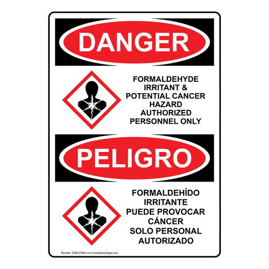 English + Spanish OSHA DANGER Formaldehyde Irritant & Cancer Hazard Sign With GHS Symbol ODB-27858