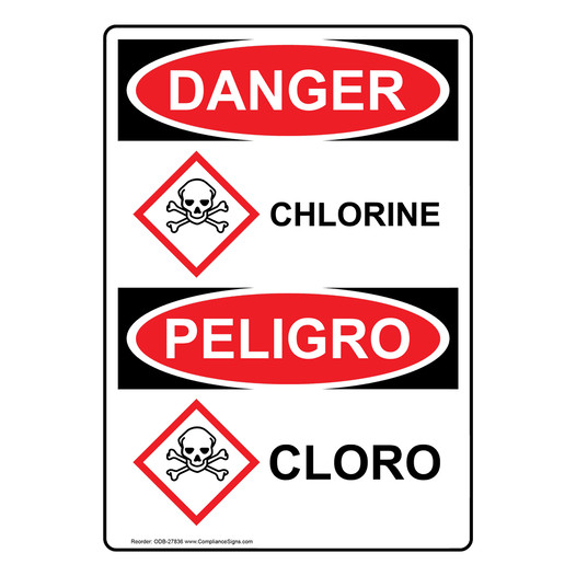 English + Spanish OSHA DANGER Chlorine Sign With GHS Symbol ODB-27836