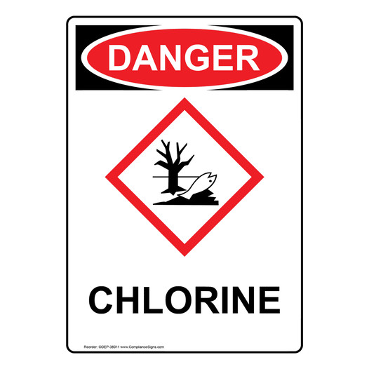 Portrait OSHA DANGER Chlorine Sign With GHS Symbol ODEP-38011