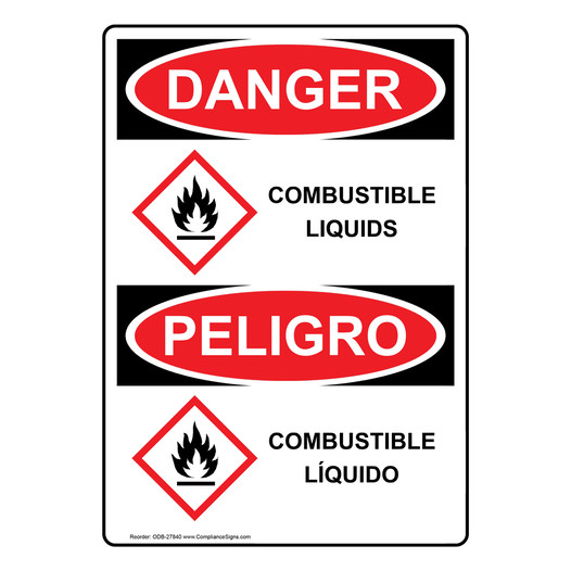 Vertical Osha Ghs Sign Or Label Combustible Liquids Bilingual