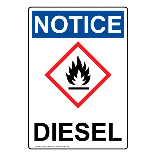 Portrait OSHA NOTICE Diesel Sign With GHS Symbol ONEP-27843