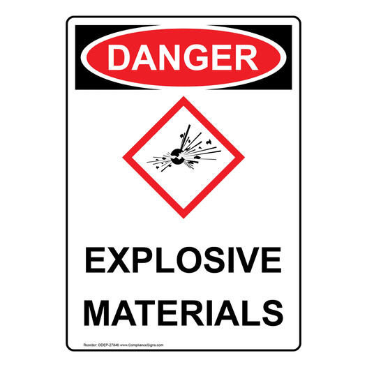 Portrait OSHA DANGER Explosive Materials Sign With GHS Symbol ODEP-27846