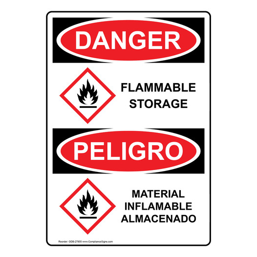 English + Spanish OSHA DANGER Flammable Storage Sign With GHS Symbol ODB-27855