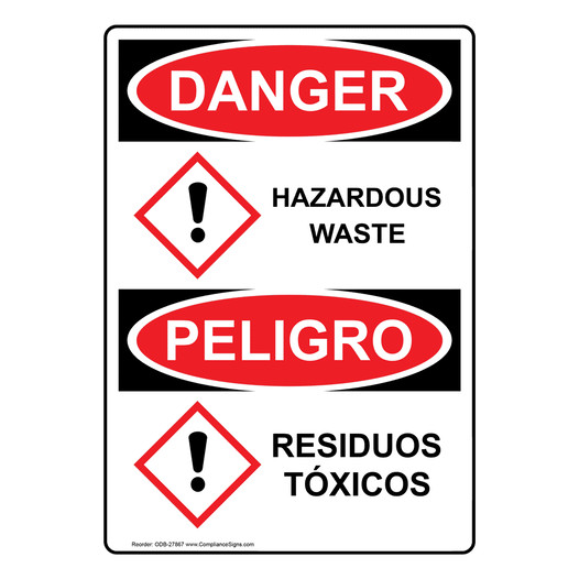 English + Spanish OSHA DANGER Hazardous Waste Sign With GHS Symbol ODB-27867