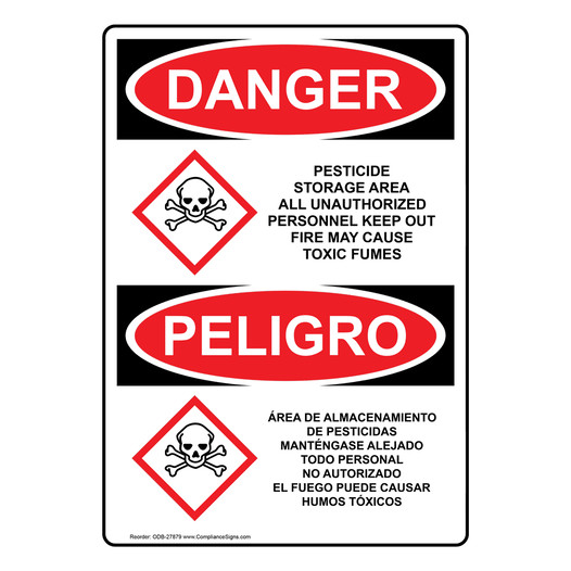 English + Spanish OSHA DANGER Pesticide Storage Unauthorized Keep Out Sign With GHS Symbol ODB-27879