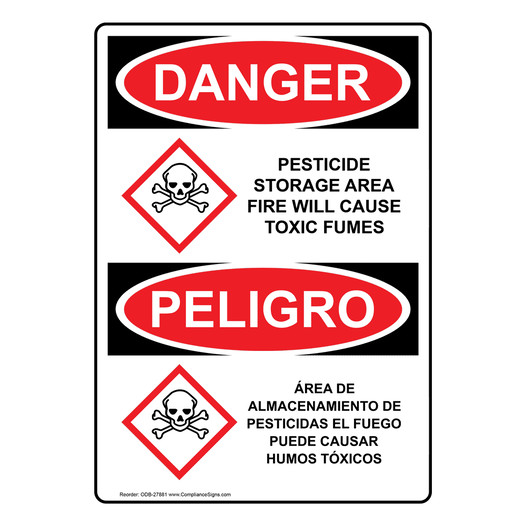 English + Spanish OSHA DANGER Pesticide Storage Area Sign With GHS Symbol ODB-27881
