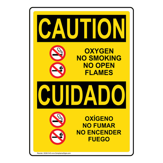 English + Spanish OSHA CAUTION Oxygen No Smoking No Open Flames Sign With Symbol OCB-5145
