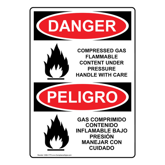 English + Spanish OSHA DANGER Compressed Gas Flammable Content Sign With Symbol