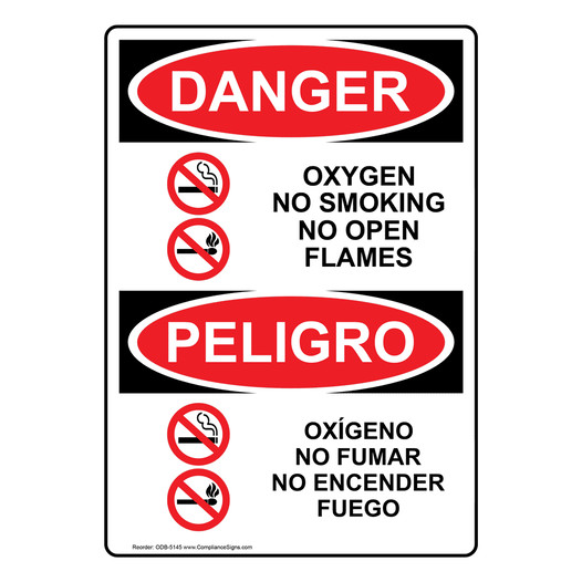 Vertical Oxygen No Smoking No Open Flames Bilingual Sign - OSHA DANGER