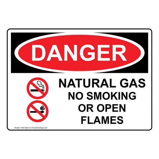 OSHA DANGER Natural Gas No Smoking Or Open Flames Sign With Symbol ODE-4565