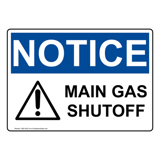 OSHA NOTICE Main Gas Shutoff Sign With Symbol