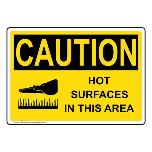 OSHA CAUTION Hot Surfaces In This Area Sign With Symbol OCE-28624