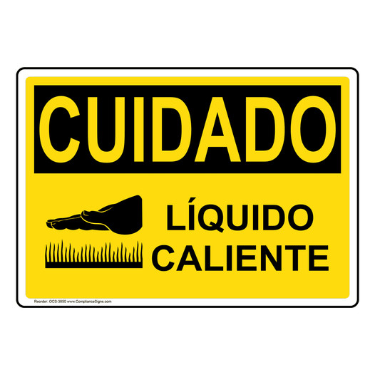 Spanish OSHA CAUTION Hot Liquid Sign With Symbol - OCS-3850