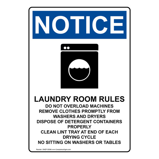 Portrait OSHA NOTICE Laundry Room Rules Sign With Symbol ONEP-30586