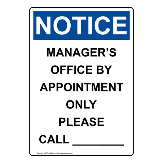 Portrait OSHA NOTICE Manager's Office By Appointment Sign ONEP-32291
