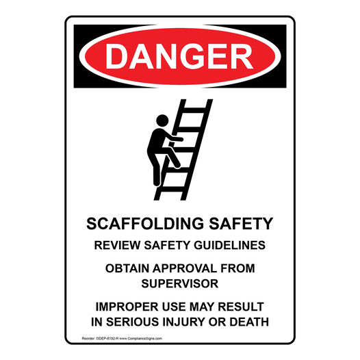 Portrait OSHA DANGER Scaffolding Safety Sign With Symbol ODEP-8192-R