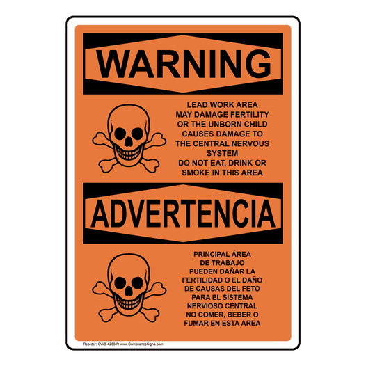 English + Spanish OSHA WARNING Lead Work Area May Damage Fertility Sign With Symbol OWB-4260-R
