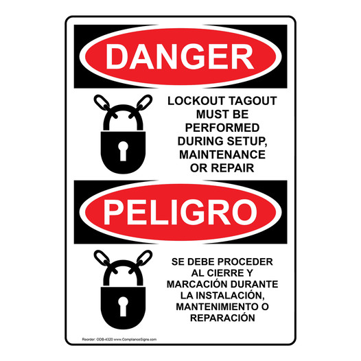 English + Spanish OSHA DANGER Lockout Tagout Setup Maintenance Sign With Symbol ODB-4320