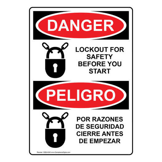 English + Spanish OSHA DANGER Lockout Safety Before You Start Sign With Symbol ODB-4345