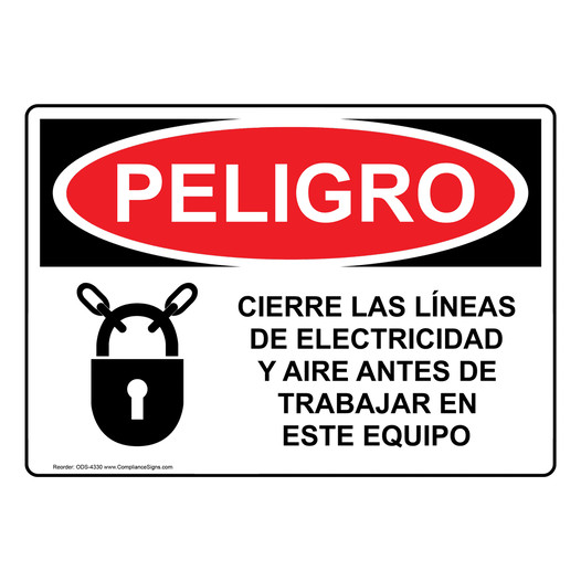 Spanish OSHA DANGER Lockout Electricity Air Lines Sign With Symbol - ODS-4330