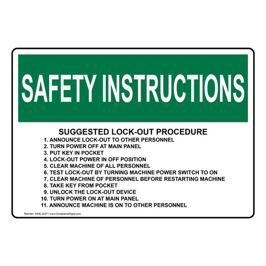 Safety Instructions Sign Suggested LockOut Procedure OSHA