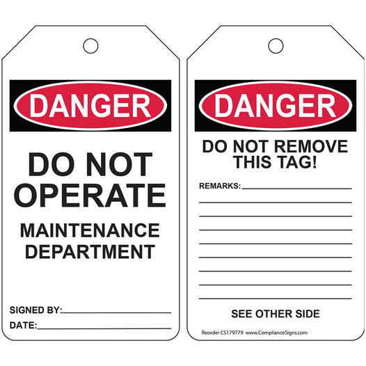 OSHA Do Not Operate Maintenance Department Safety Tag CS179779