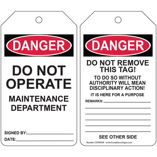 OSHA Do Not Operate Maintenance Department Safety Tag CS549509