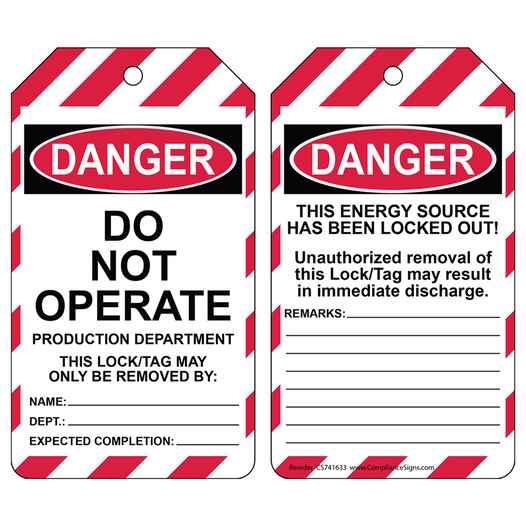 OSHA DANGER Do Not Operate Production Department Lockout Tag CS741633