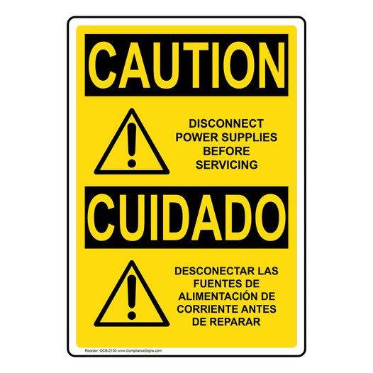 English + Spanish OSHA CAUTION Disconnect Power Supplies Bilingual Sign With Symbol OCB-2130