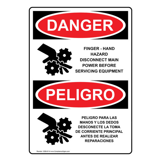 English + Spanish OSHA DANGER Finger-Hand Hazard Disconnect Main Power Sign With Symbol