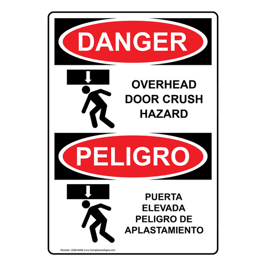 English + Spanish OSHA DANGER Overhead Door Crush Hazard Sign With Symbol ODB-9488