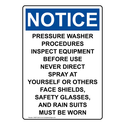 Portrait OSHA NOTICE Pressure Washer Procedures Inspect Sign ONEP-32810