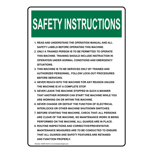 Portrait OSHA SAFETY INSTRUCTIONS 1. Read And Understand The Operation Sign OSIEP-25370