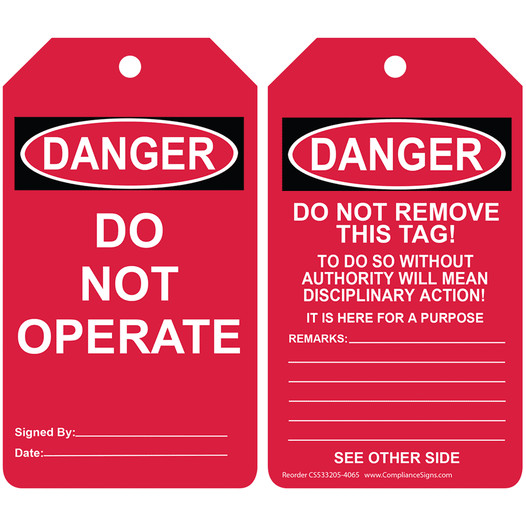 OSHA DANGER Do Not Operate Do Not Remove This Tag! Safety Tag CS533205